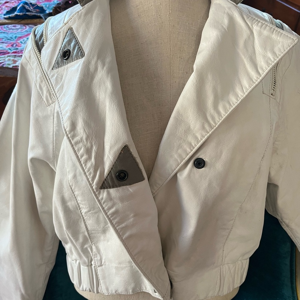Vintage 80s Comint Argentinian White and Gray Genuine Leather Jacket - Picture 3 of 16